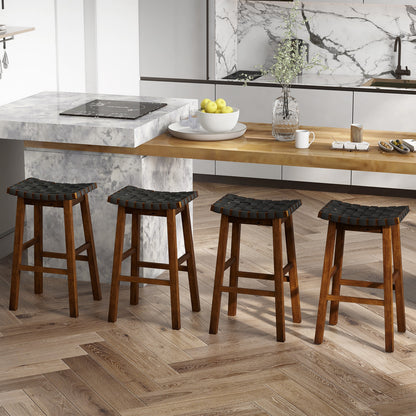 Faux PU Leather Bar Height Stools Set of 2 with Woven Curved Seat-25 Inches