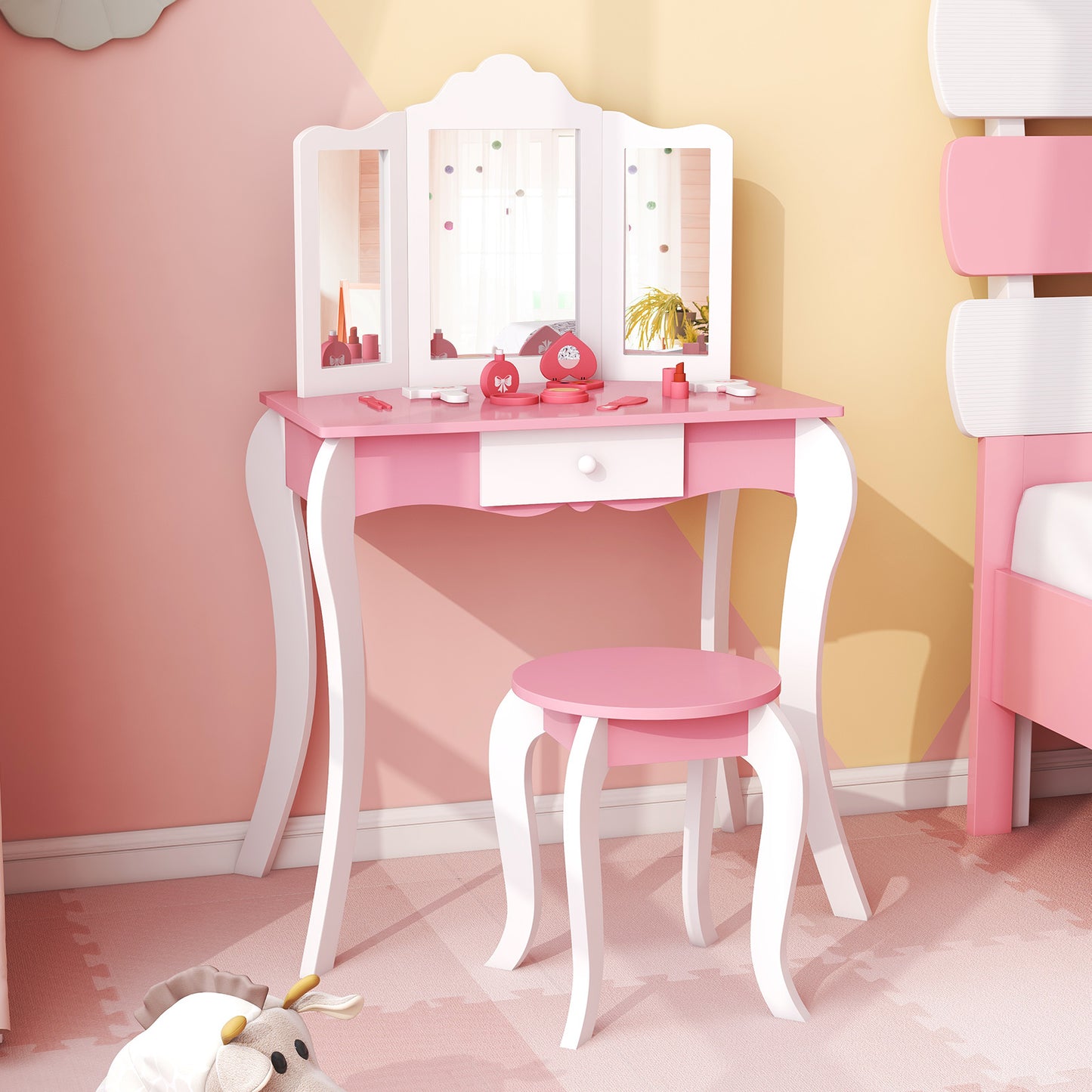 Kid's Wooden Vanity Table and Stool Set  with 3-Panel Acrylic Mirror-White