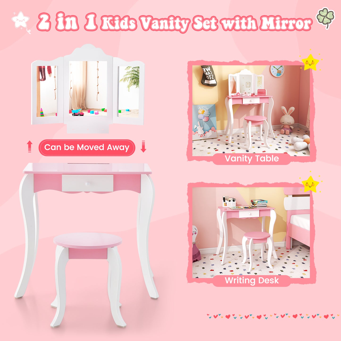 Kid's Wooden Vanity Table and Stool Set  with 3-Panel Acrylic Mirror-White