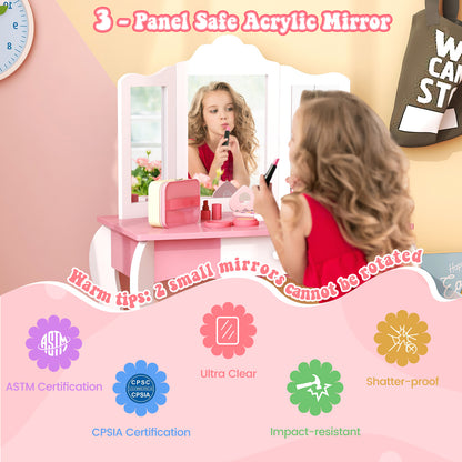 Kid's Wooden Vanity Table and Stool Set  with 3-Panel Acrylic Mirror-White