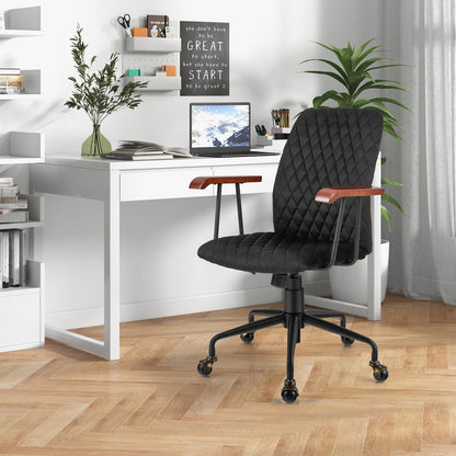 Velvet Home Office Chair with Wooden Armrest-Beige