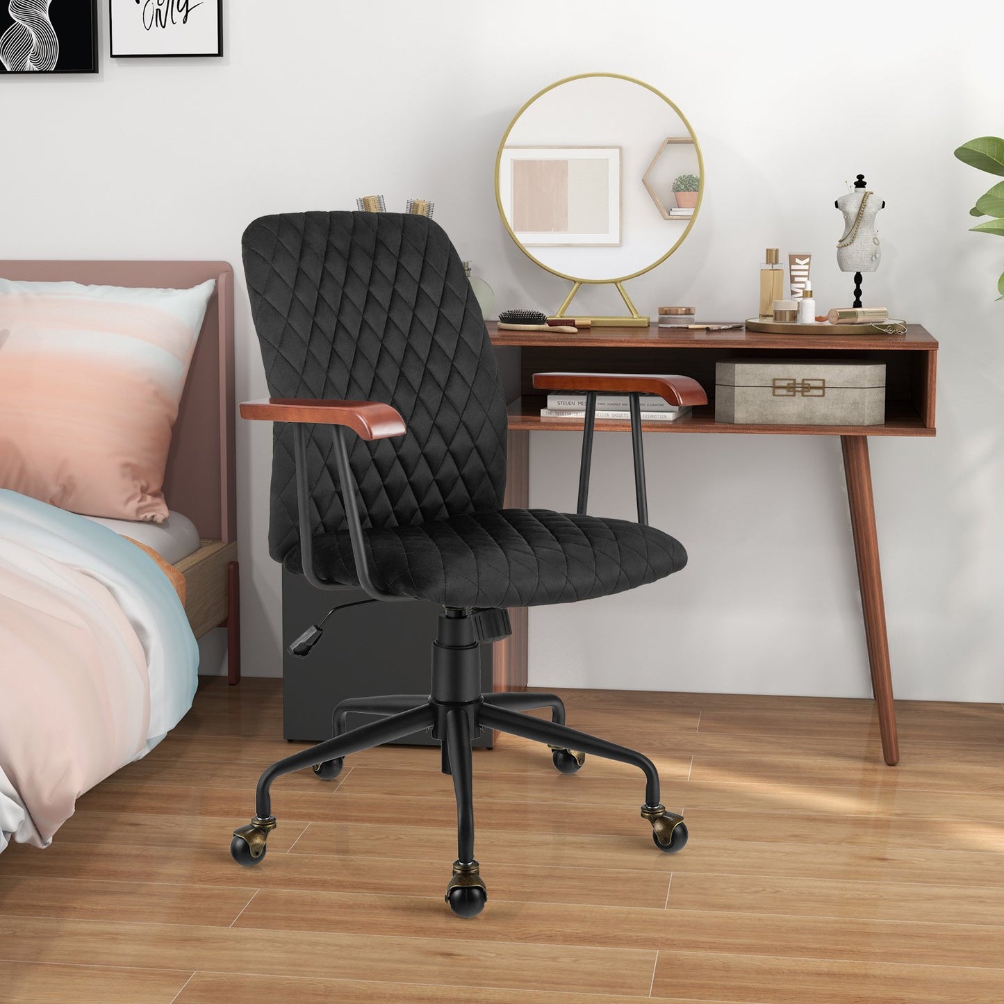 Velvet Home Office Chair with Wooden Armrest-Beige