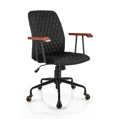 Velvet Home Office Chair with Wooden Armrest-Beige
