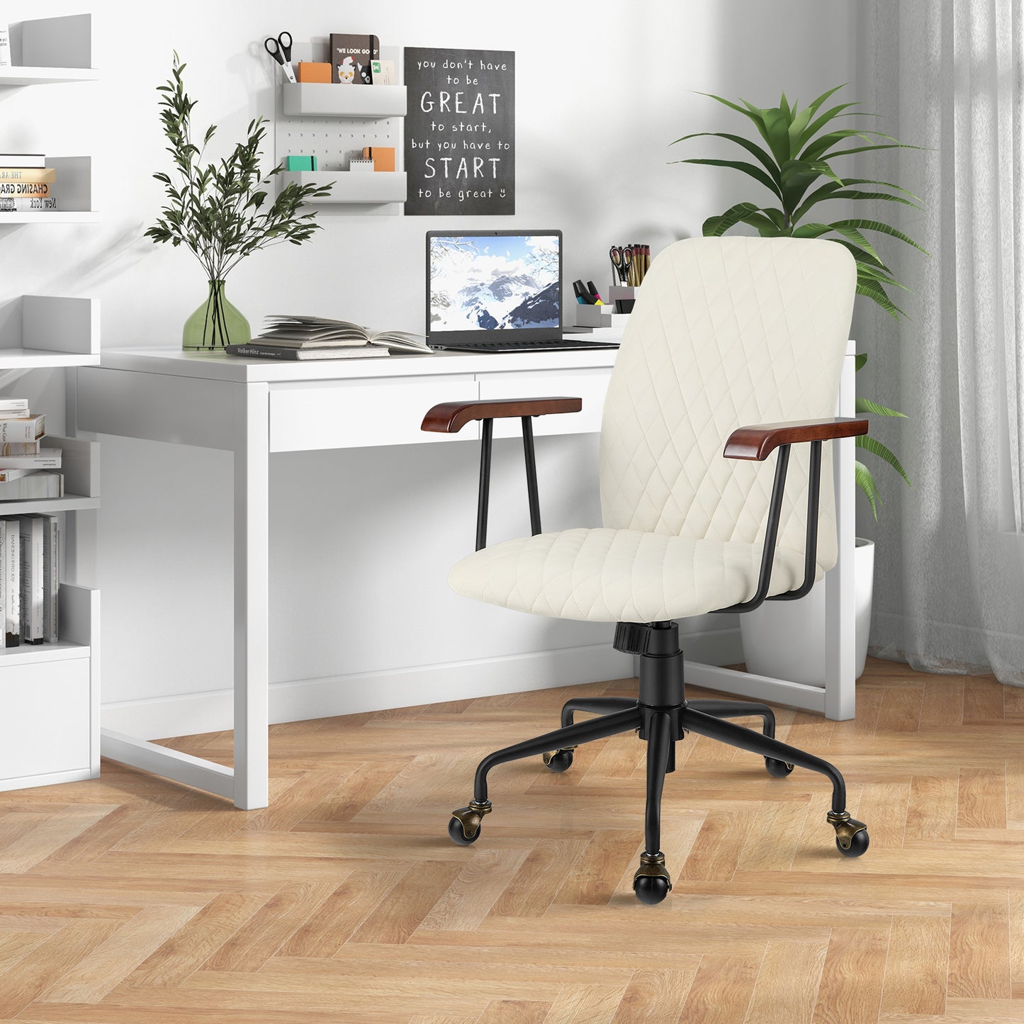 Velvet Home Office Chair with Wooden Armrest-Beige