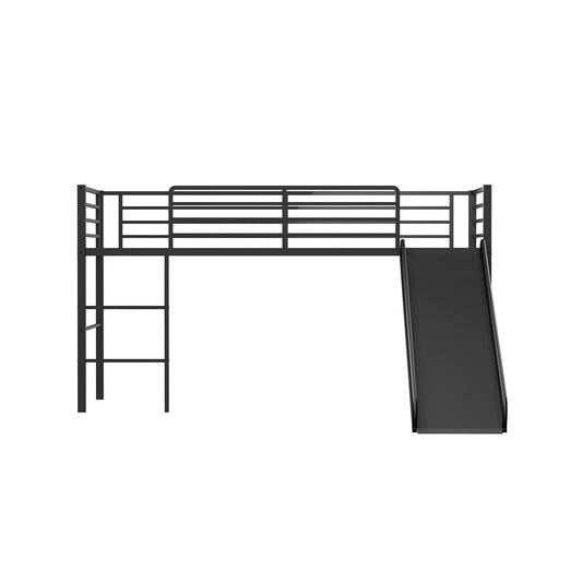 Twin Metal Loft Bed with Slide with Safety Guardrails and Built-in Ladder-Black
