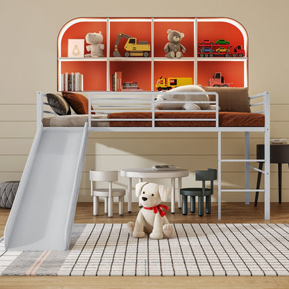 Twin Metal Loft Bed with Slide with Safety Guardrails and Built-in Ladder-Black