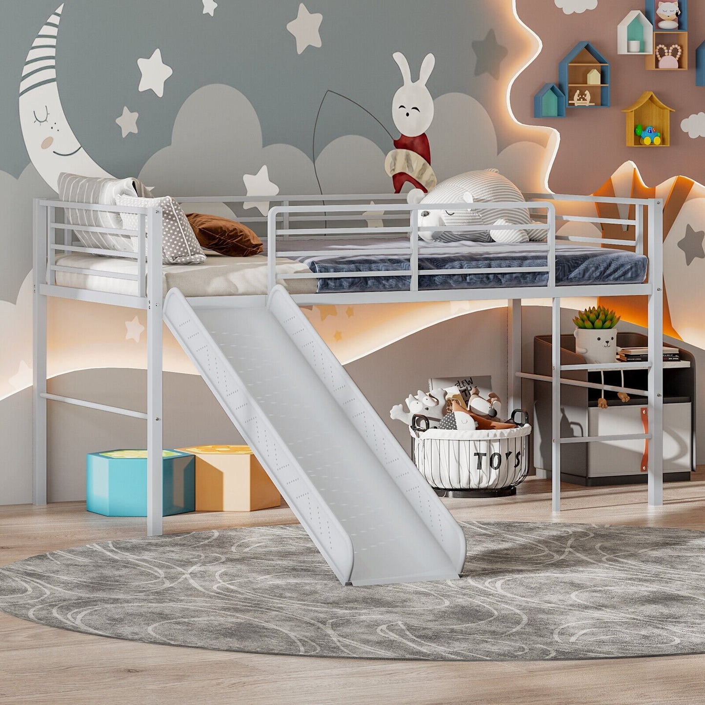 Twin Metal Loft Bed with Slide with Safety Guardrails and Built-in Ladder-Black