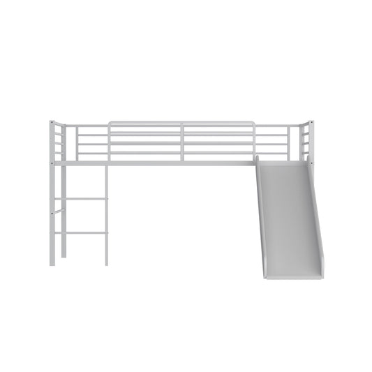 Twin Metal Loft Bed with Slide with Safety Guardrails and Built-in Ladder-Silver