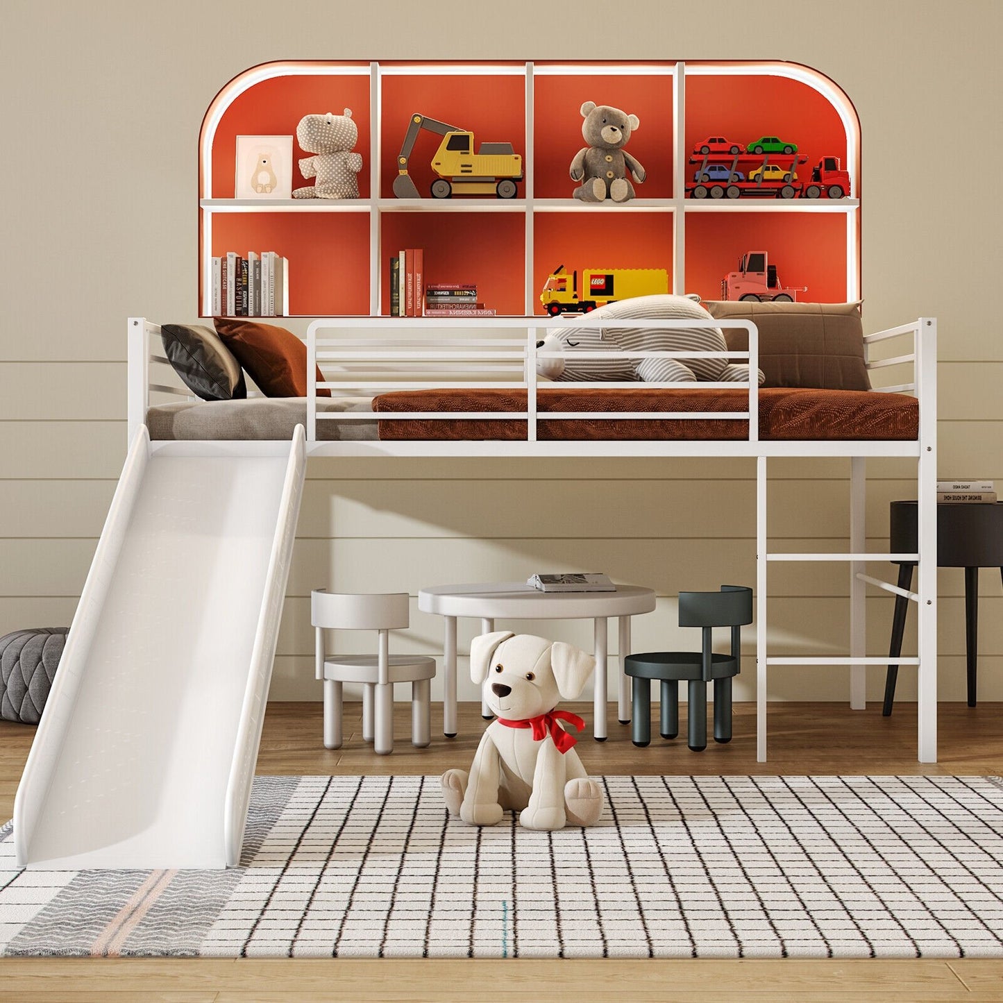Twin Metal Loft Bed with Slide with Safety Guardrails and Built-in Ladder-Black