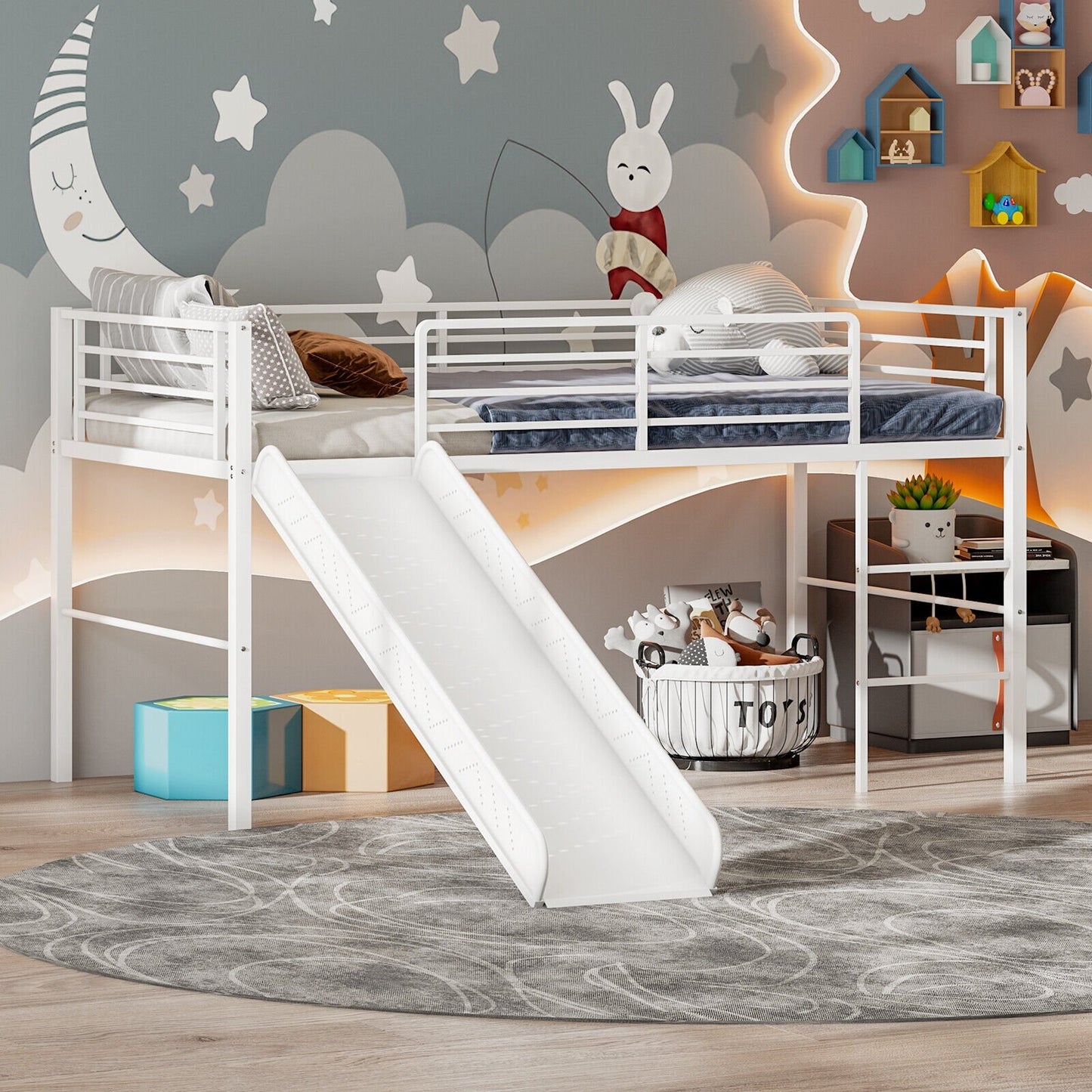 Twin Metal Loft Bed with Slide with Safety Guardrails and Built-in Ladder-Black