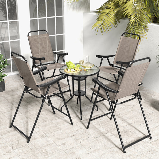 Patio Folding Bar Stool Set of 4 with Metal Frame and Footrest-Coffee