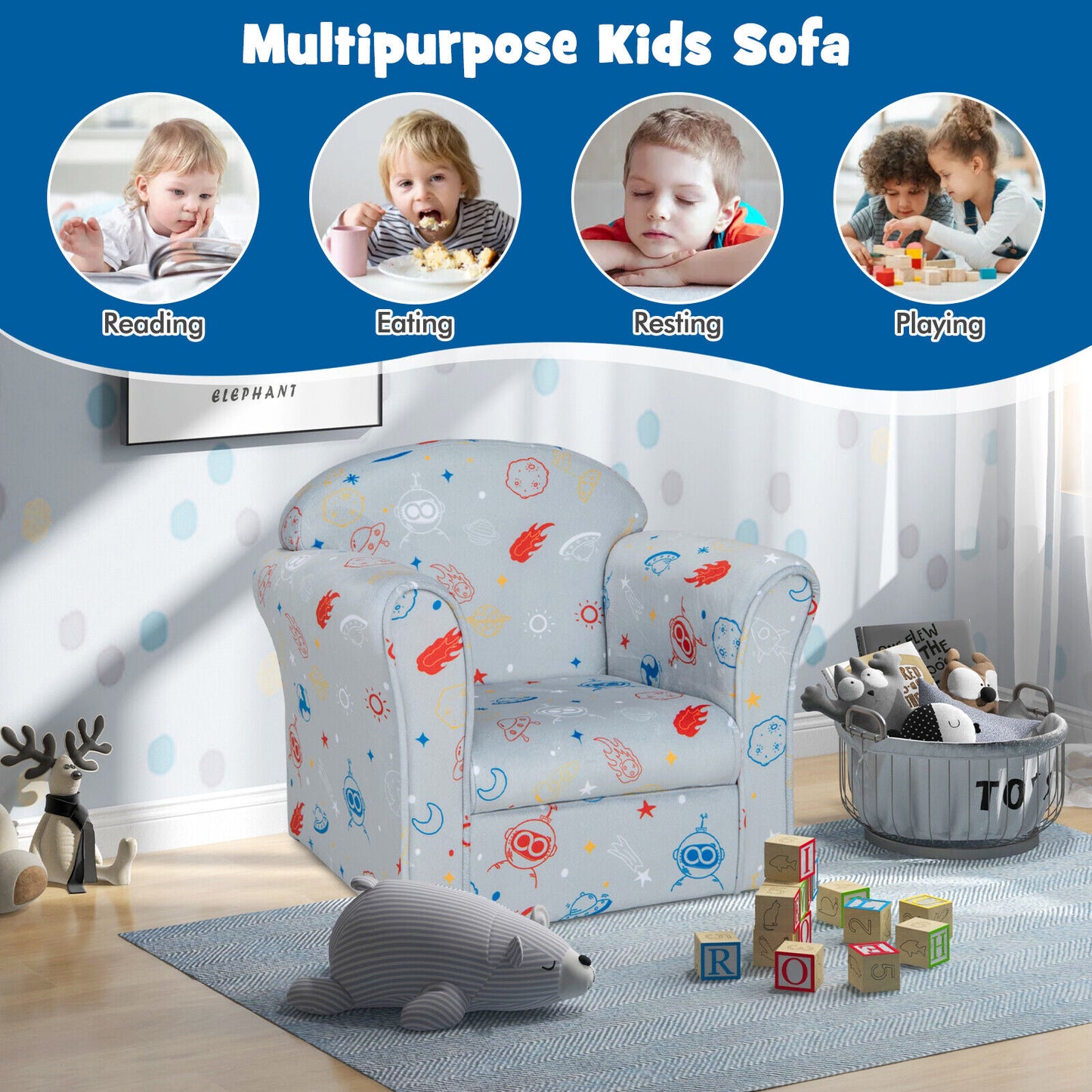 Toddler Upholstered Armchair with Solid Wooden Frame and High-density Sponge Filling-Gray