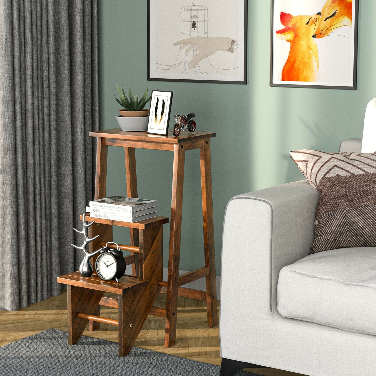 3-in-1 Rubber Wood 3 Tier Folding Step Stool Ladder Storage Shelf-Brown