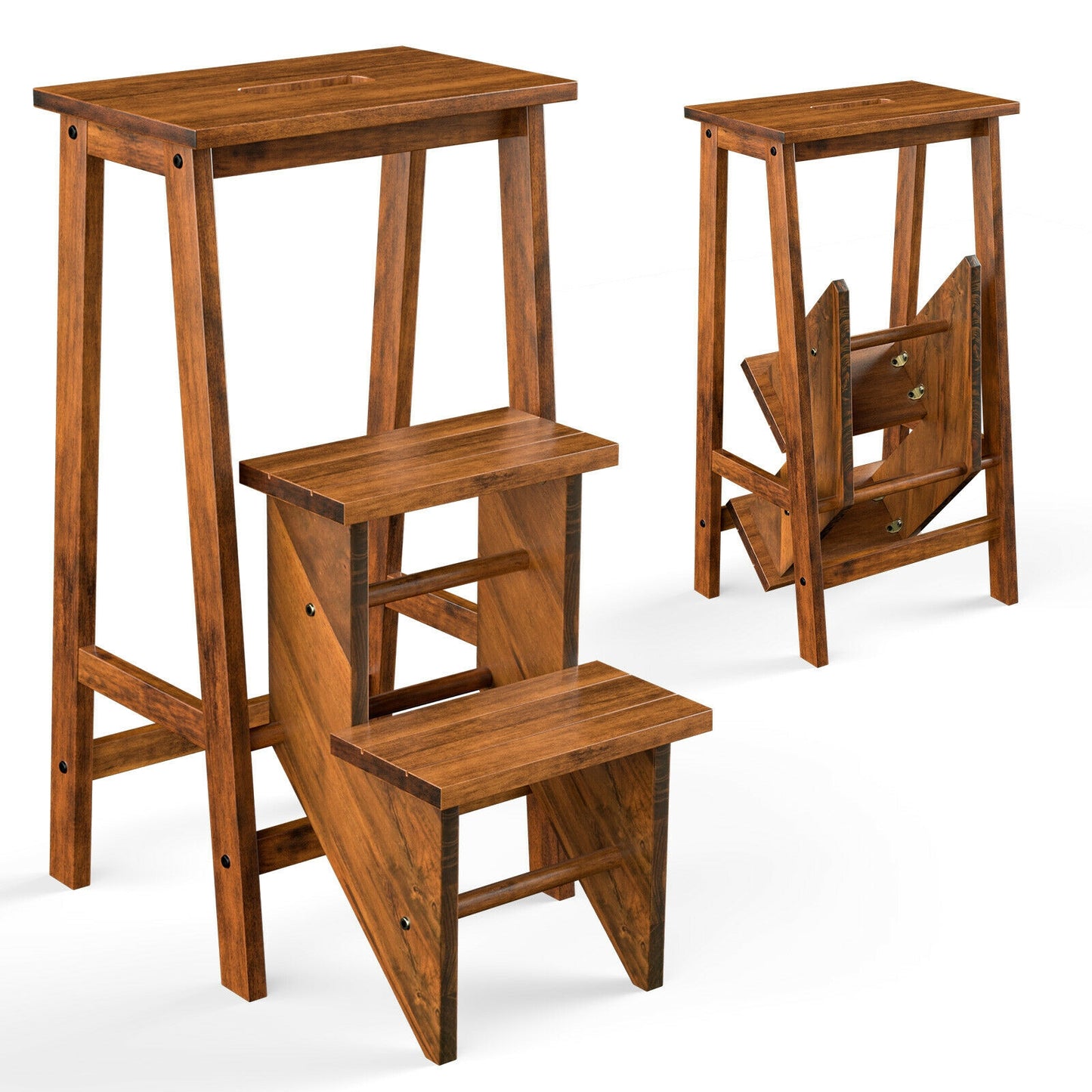 3-in-1 Rubber Wood 3 Tier Folding Step Stool Ladder Storage Shelf-Brown