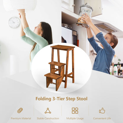 3-in-1 Rubber Wood 3 Tier Folding Step Stool Ladder Storage Shelf-Brown