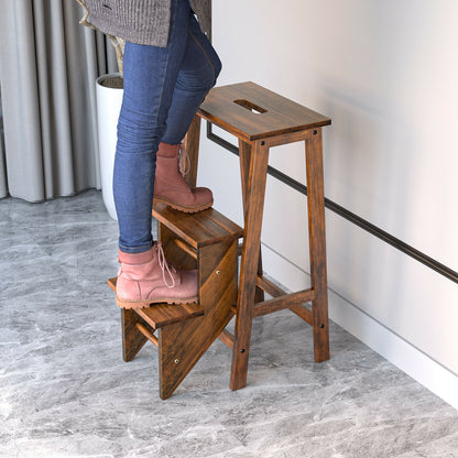 3-in-1 Rubber Wood 3 Tier Folding Step Stool Ladder Storage Shelf-Brown