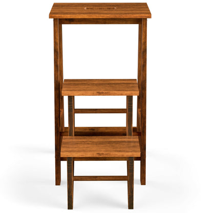3-in-1 Rubber Wood 3 Tier Folding Step Stool Ladder Storage Shelf-Brown