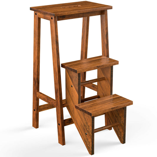 3-in-1 Rubber Wood 3 Tier Folding Step Stool Ladder Storage Shelf-Brown