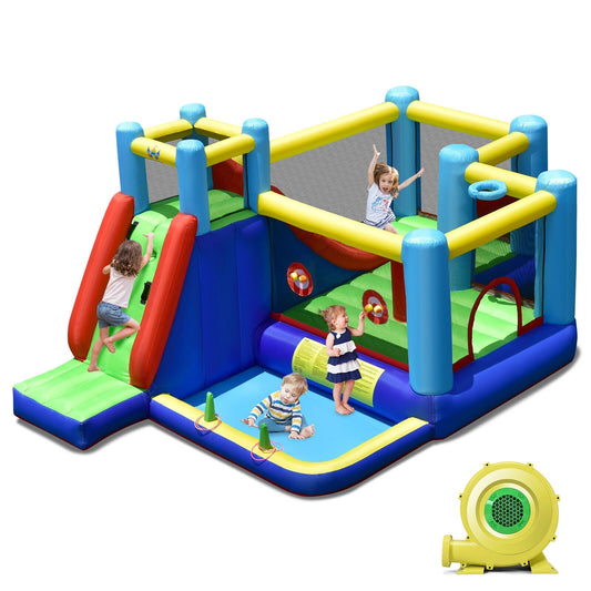 Colorful inflatable bounce house with a 735W blower, designed for outdoor fun and active play for kids.