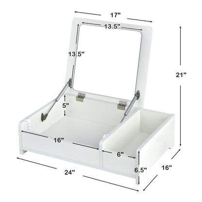 Compact Bay Window Makeup Dressing Table with Flip-Top Mirror-White