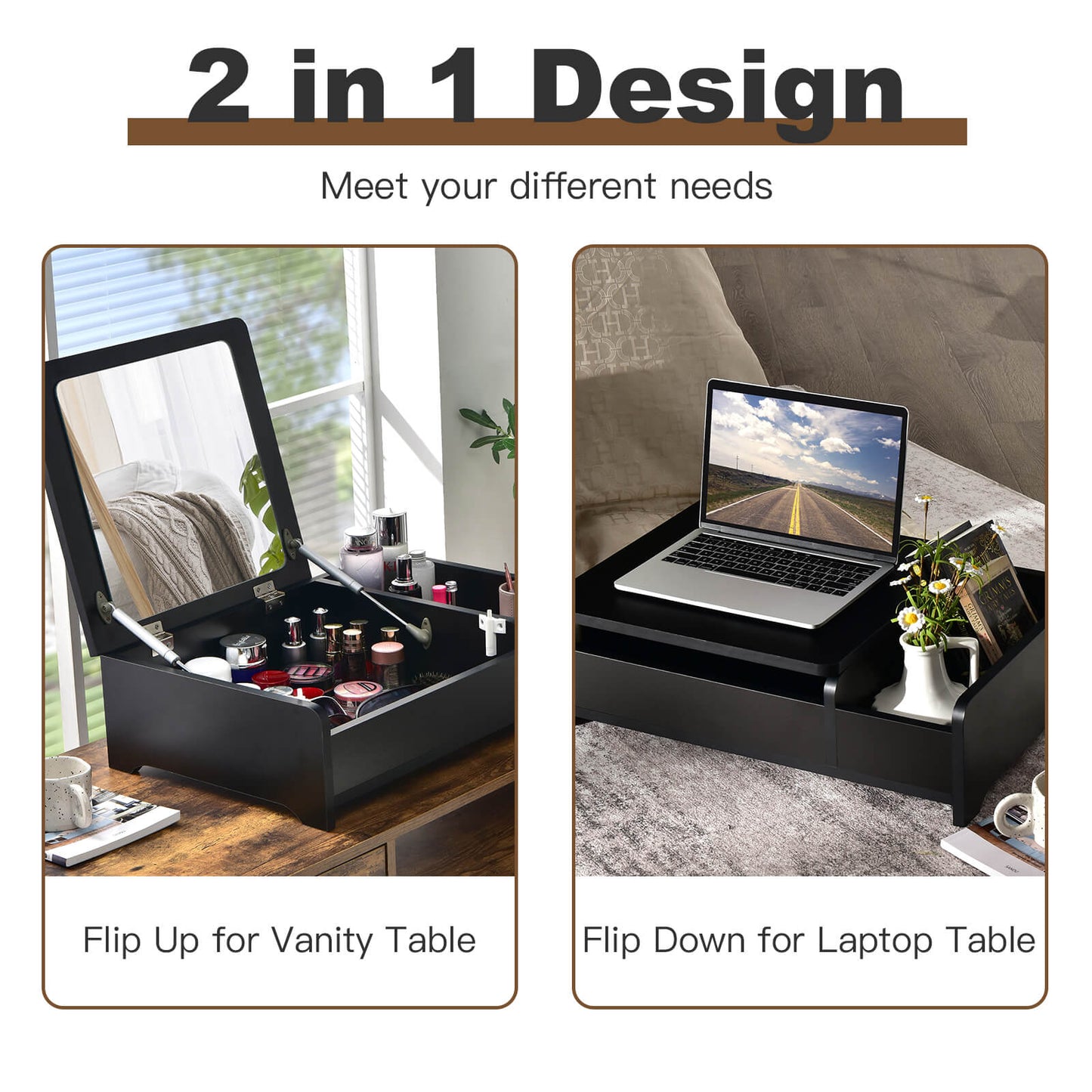 Compact Bay Window Makeup Dressing Table with Flip-Top Mirror-Black