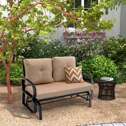 Patio 2-Person Glider Bench Rocking Loveseat Cushioned Armrest-Beige