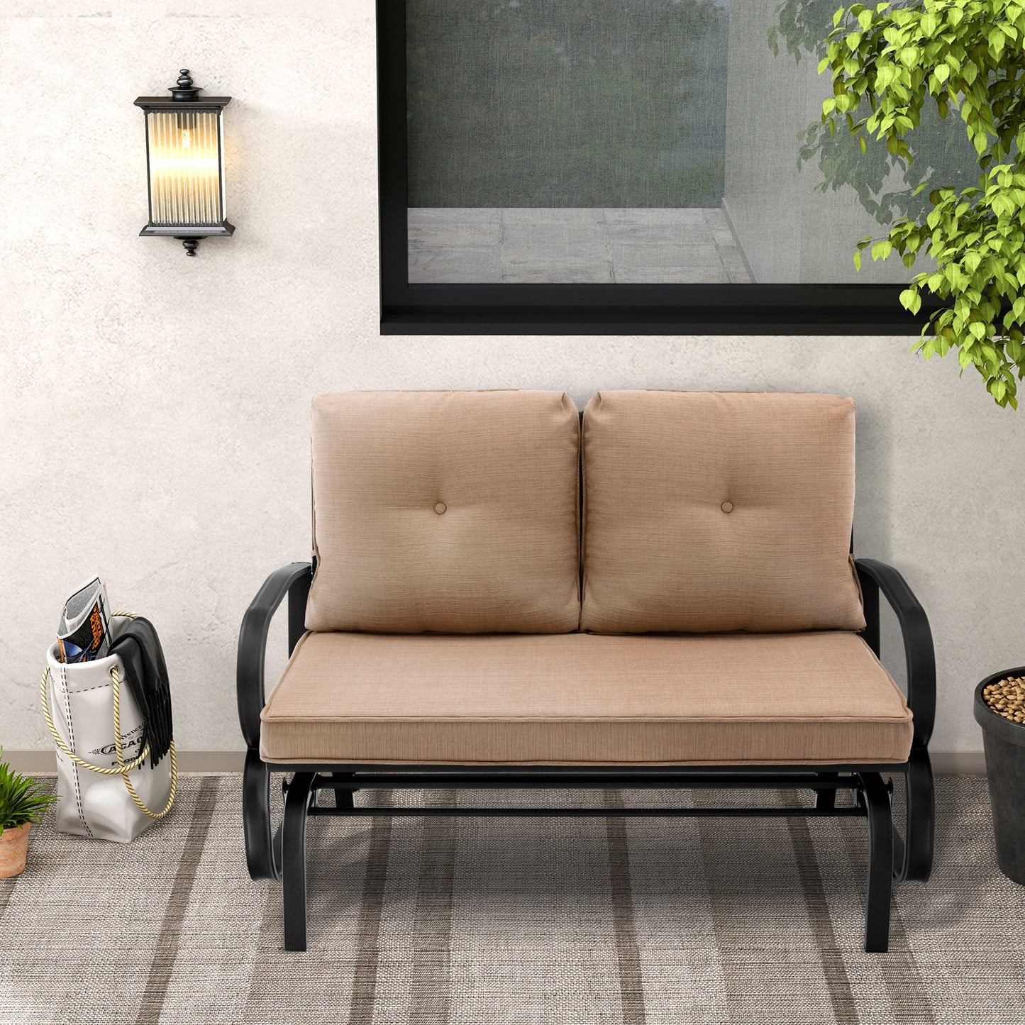 Patio 2-Person Glider Bench Rocking Loveseat Cushioned Armrest-Beige