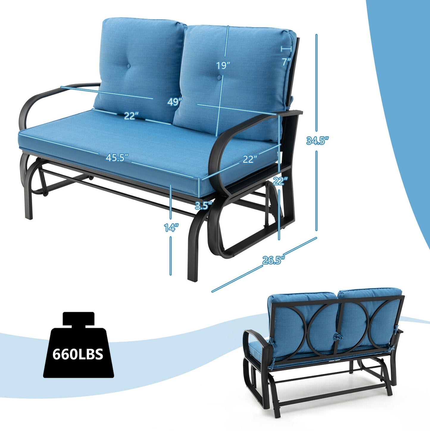 Patio 2-Person Glider Bench Rocking Loveseat Cushioned Armrest-Blue