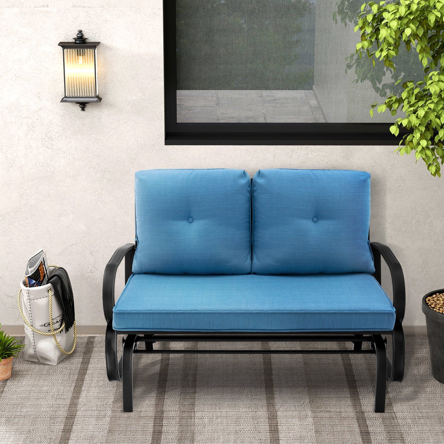 Patio 2-Person Glider Bench Rocking Loveseat Cushioned Armrest-Blue