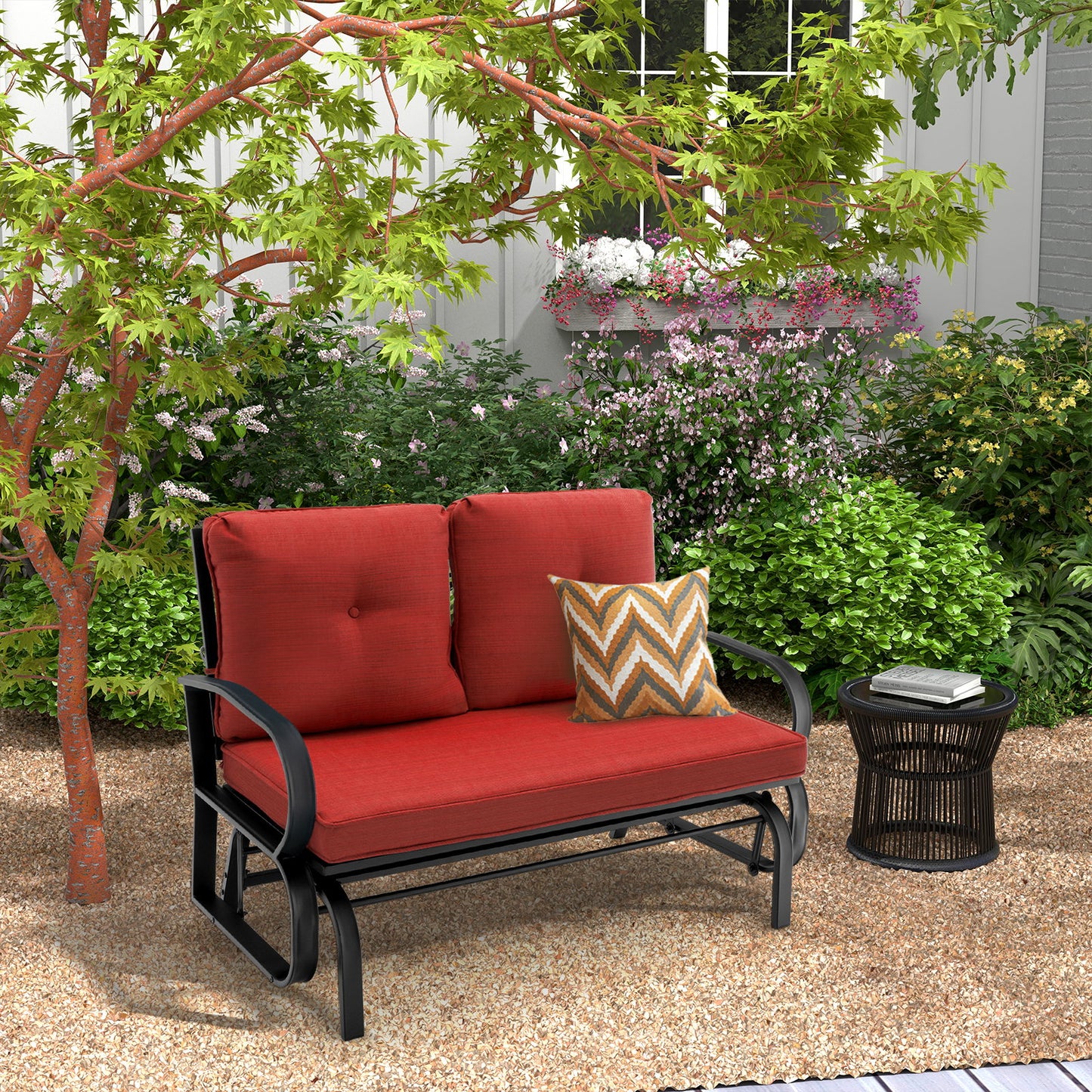 Patio 2-Person Glider Bench Rocking Loveseat Cushioned Armrest-Beige