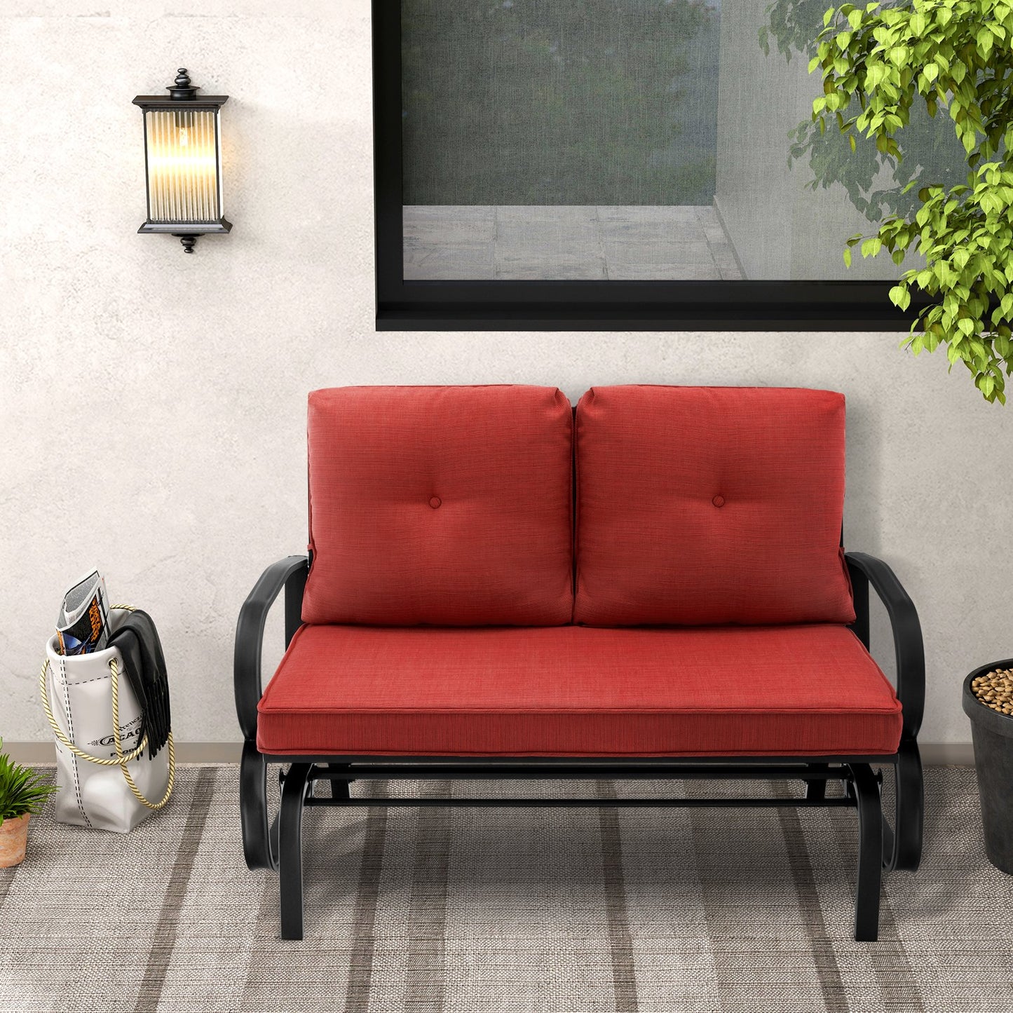 Patio 2-Person Glider Bench Rocking Loveseat Cushioned Armrest-Beige