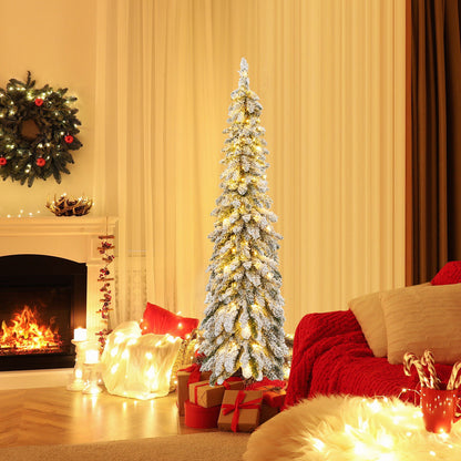 4/5/6 Feet Pre-Lit Artificial Christmas Tree Snow-Flocked Slim Pencil Xmas Decor-6 ft