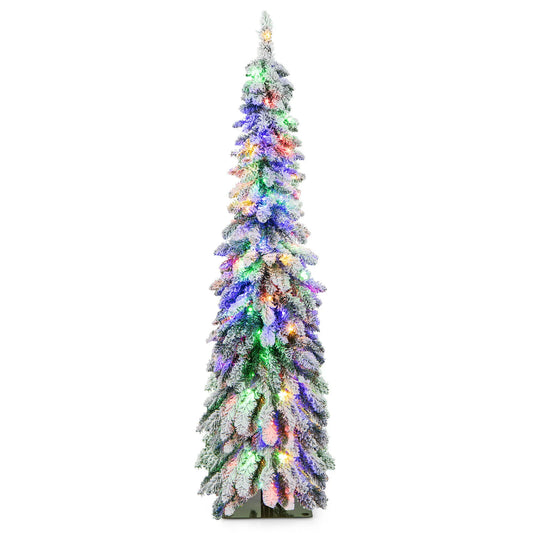 Snow-flocked 5-foot pre-lit artificial Christmas tree with slim pencil shape, ideal for holiday decor.