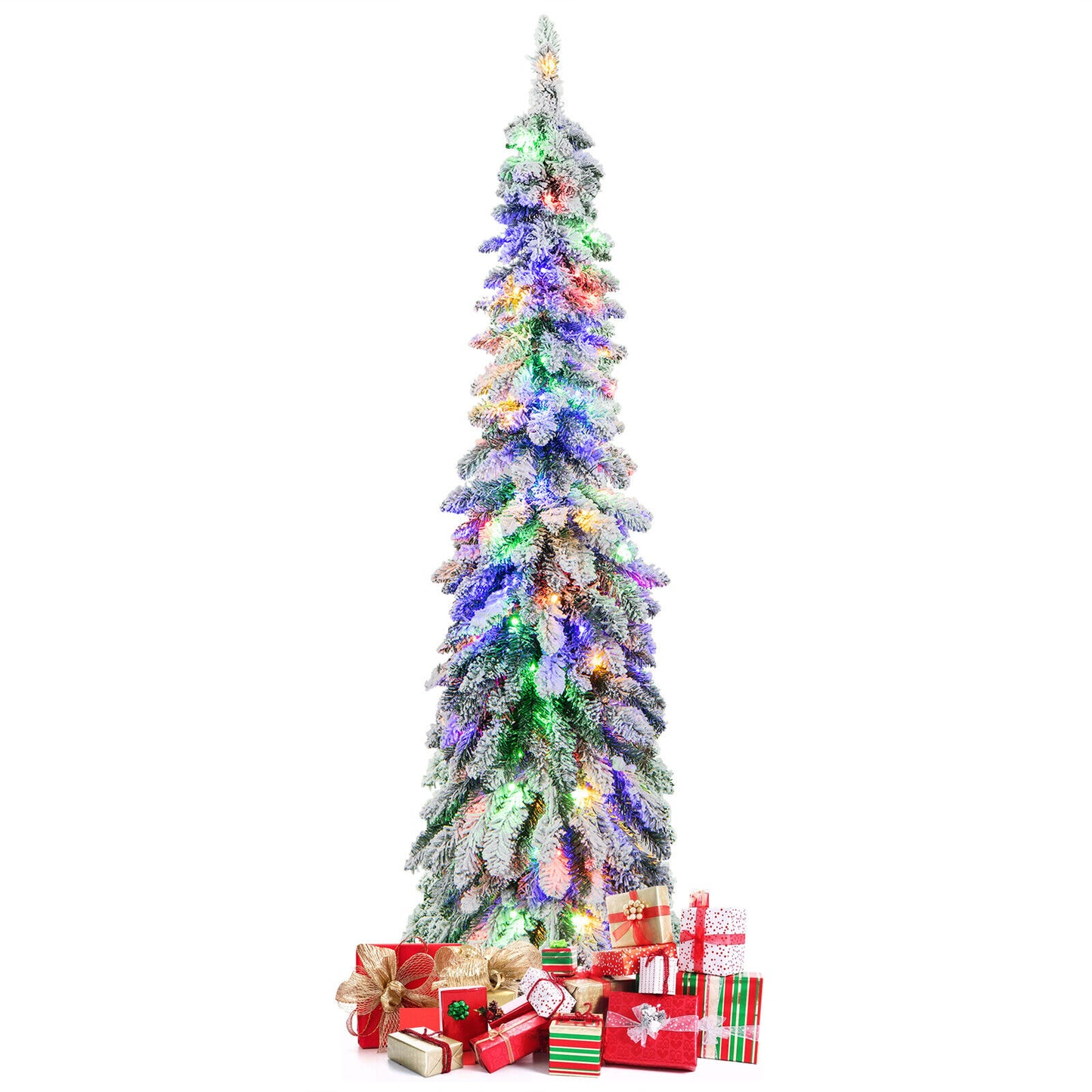 4/5/6 Feet Pre-Lit Artificial Christmas Tree Snow-Flocked Slim Pencil Xmas Decor-5 ft