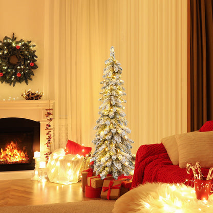 4/5/6 Feet Pre-Lit Artificial Christmas Tree Snow-Flocked Slim Pencil Xmas Decor-6 ft