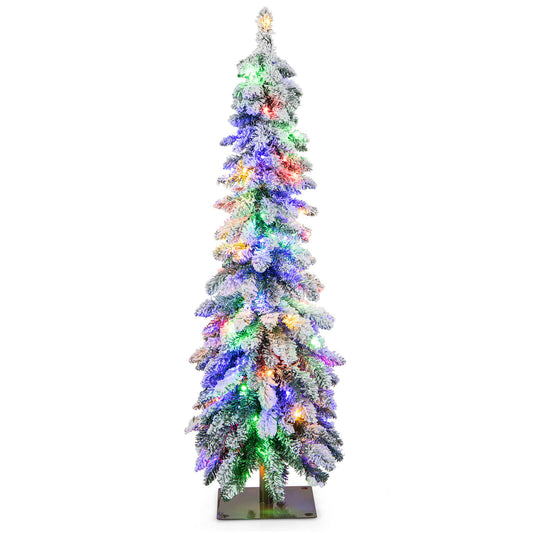 Pre-lit 4-foot snow-flocked artificial Christmas tree by Wilsons Home Store, slim pencil-shaped holiday decor with festive lights.