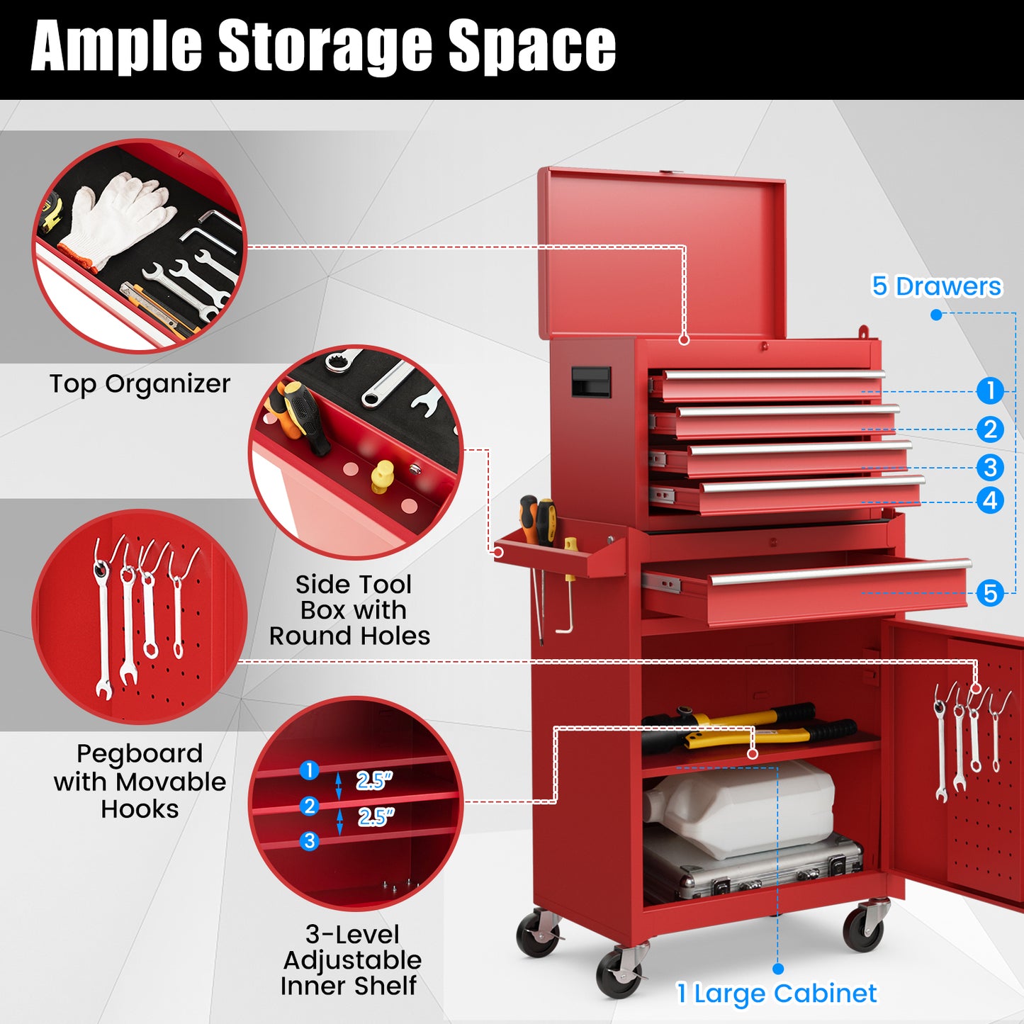 2-in-1 Tool Chest and Cabinet with 5 Sliding Drawers-Red