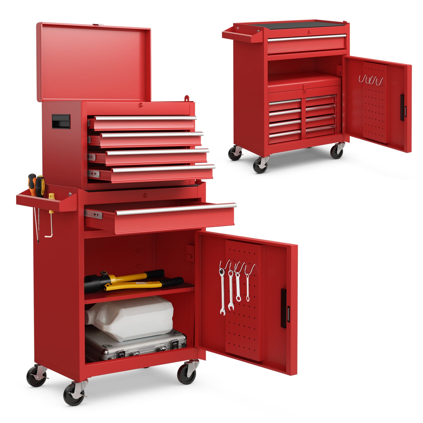 2-in-1 Tool Chest and Cabinet with 5 Sliding Drawers-Red