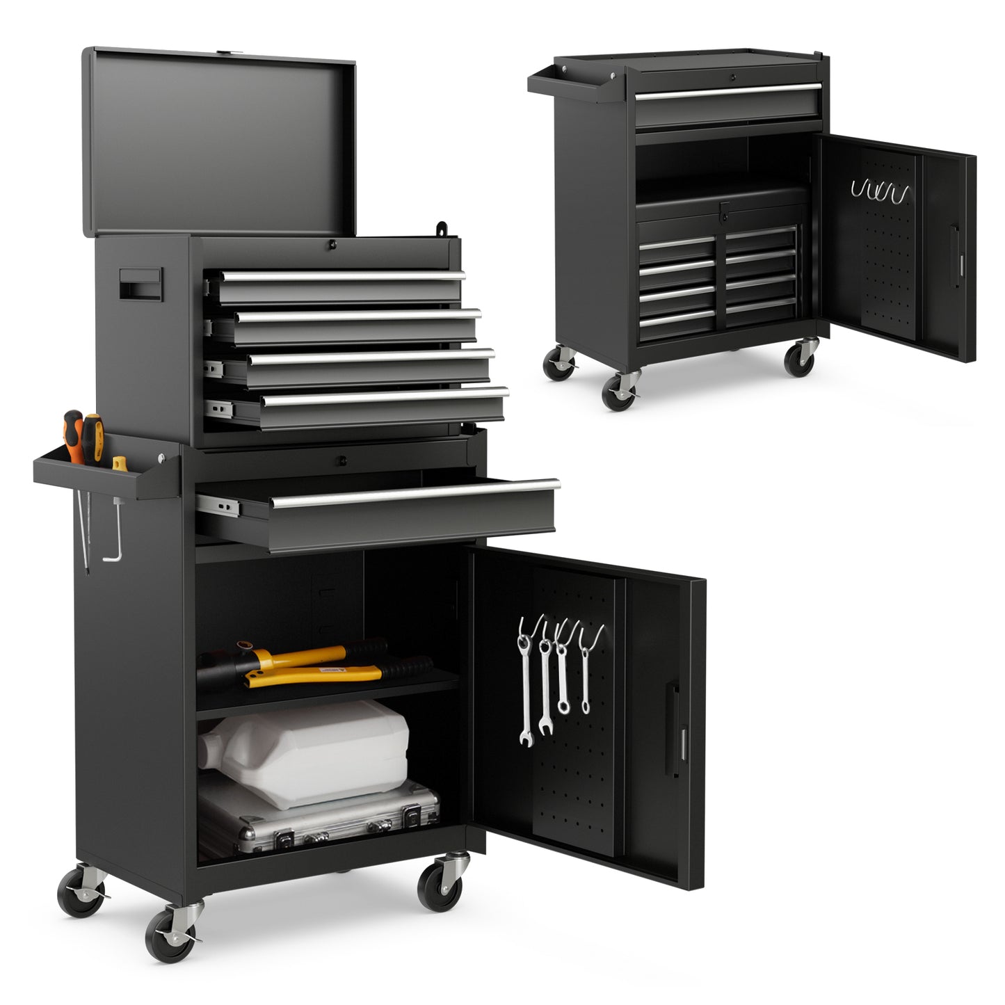 2-in-1 Tool Chest and Cabinet with 5 Sliding Drawers-Black