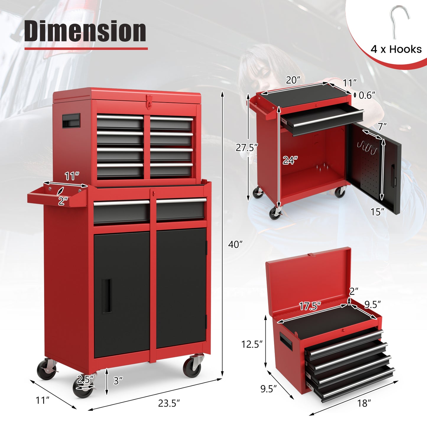 2-in-1 Tool Chest and Cabinet with 5 Sliding Drawers-Black & Red