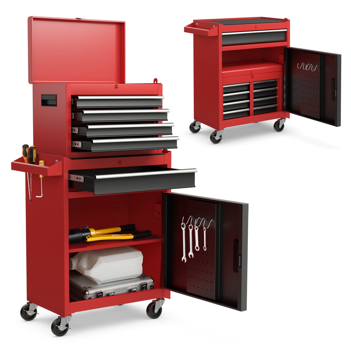 2-in-1 Tool Chest and Cabinet with 5 Sliding Drawers-Black & Red