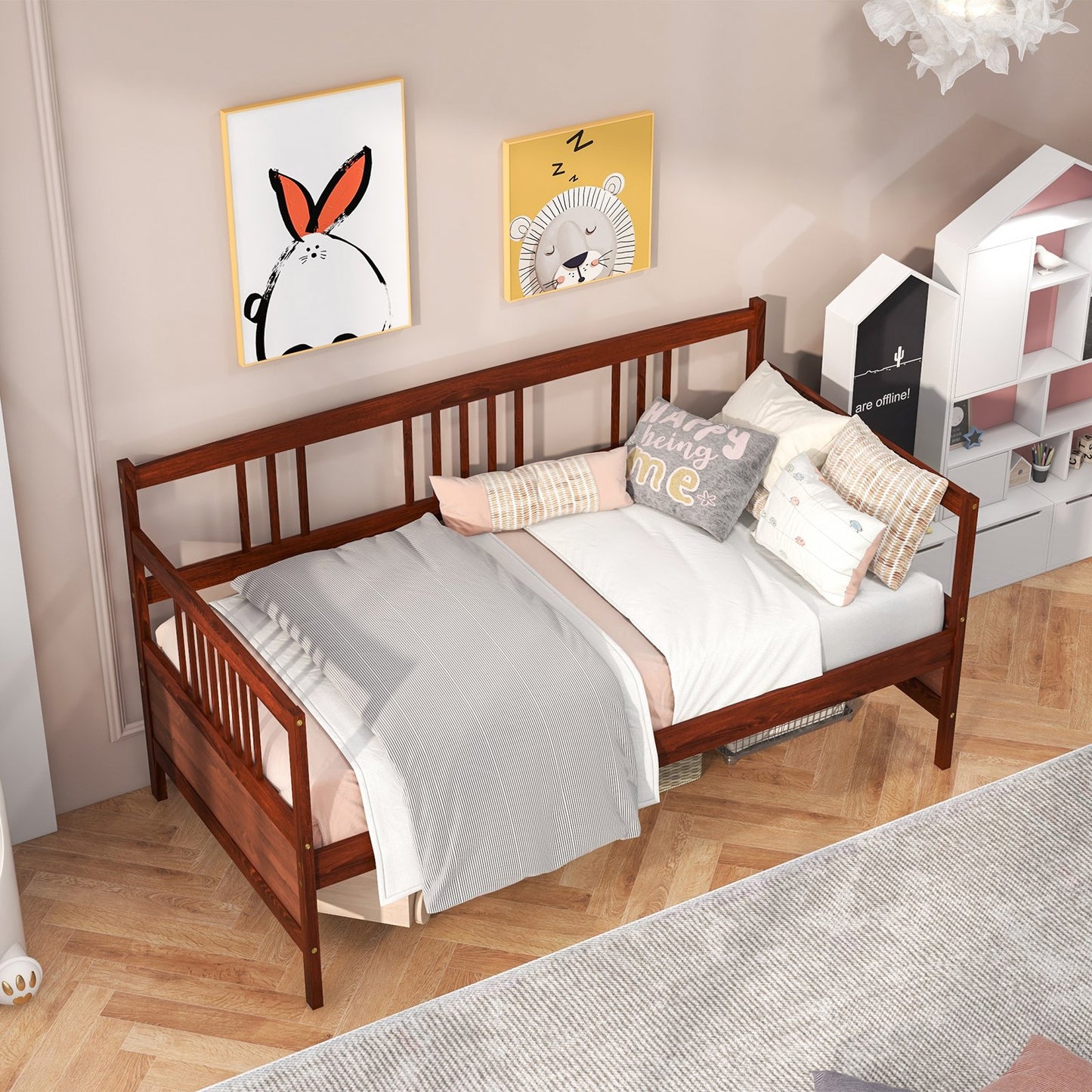 Twin Size Wooden Slats Daybed Bed with Rails-Gray