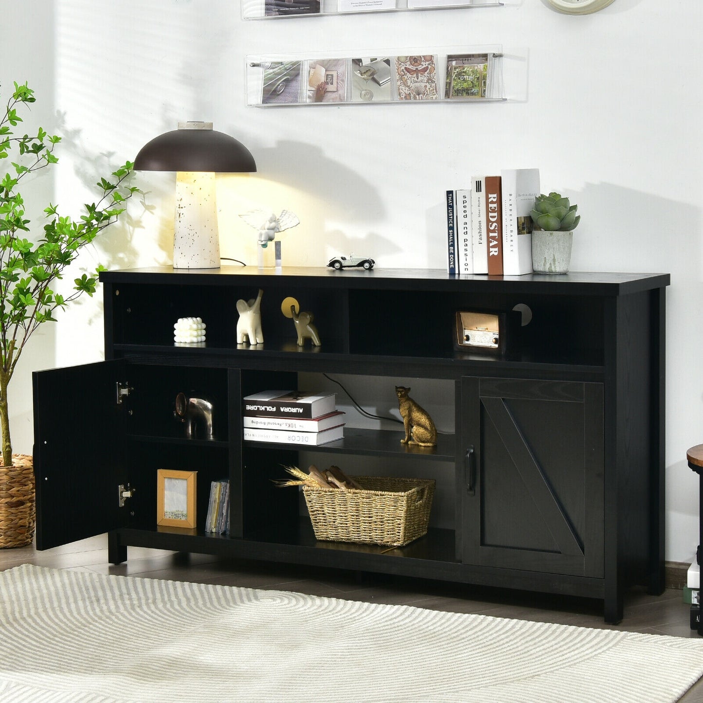59 Inch TV Stand Media Center Console Cabinet with Barn Door for TV's 65 Inch-Black