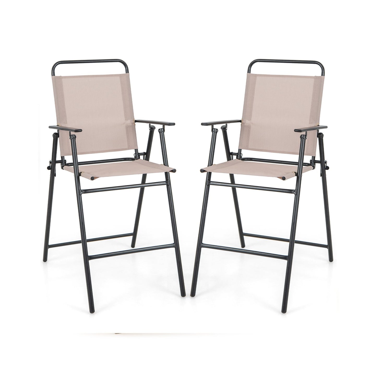 Set of 2 Patio Folding Bar-Height Chairs with Armrests and Quick-Drying Seat-Beige