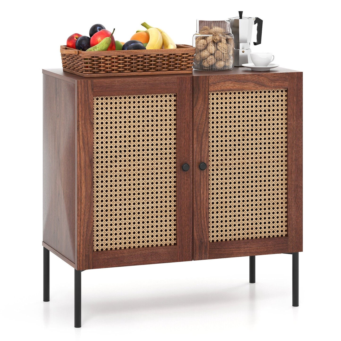 Kitchen Sideboard with 2 Rattan Doors and Adjustable Shelf-Natural