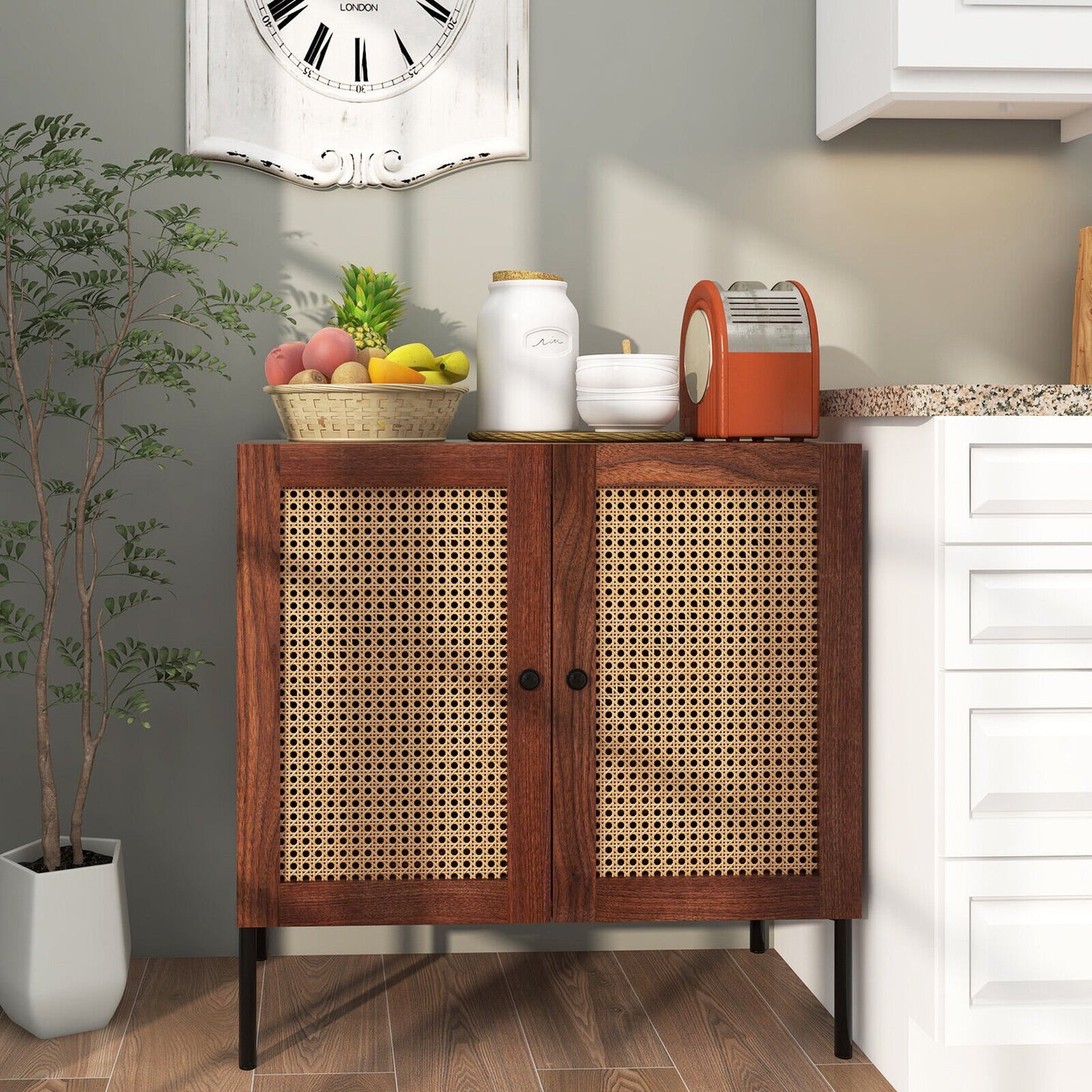 Kitchen Sideboard with 2 Rattan Doors and Adjustable Shelf-Natural