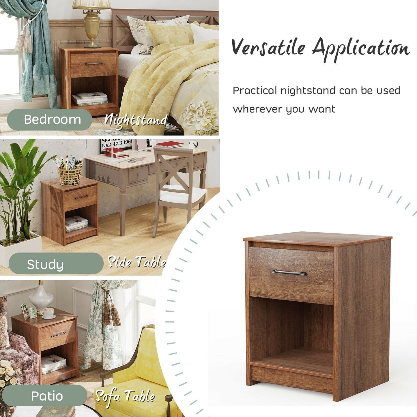 Wooden End Side Table Nightstand with Drawer Storage Shelf-Black