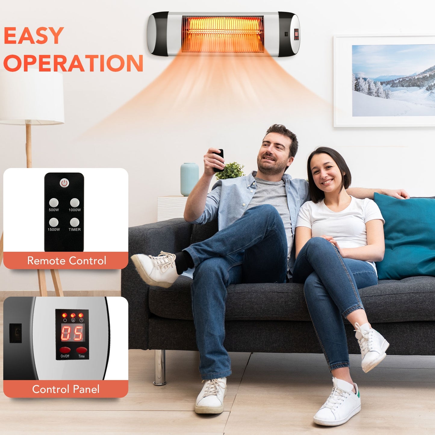 1500W Wall-Mounted Electric Heater Patio Infrared Heater with Remote Control