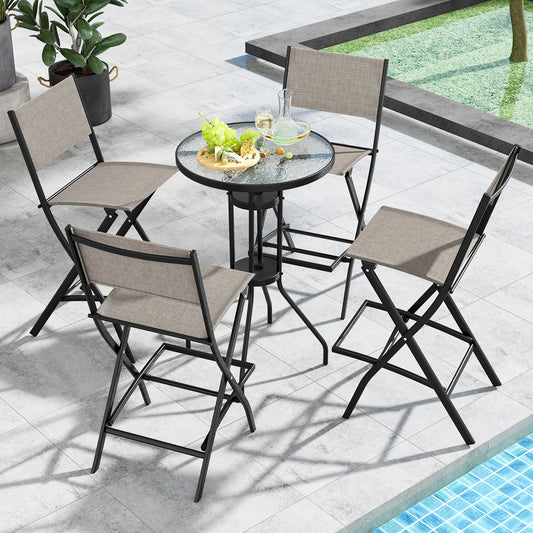 Outdoor Folding Bar Height Stool Set of 4 with Metal Frame and Footrest-Coffee