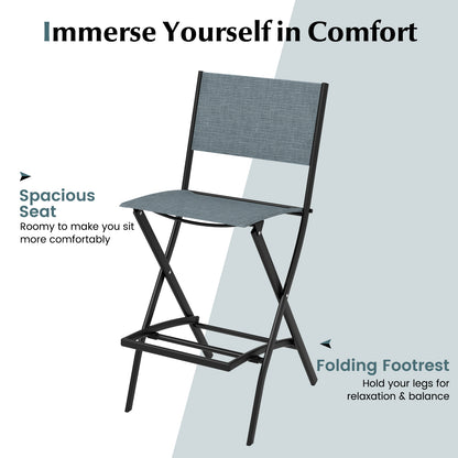 Outdoor Folding Bar Height Stool Set of 4 with Metal Frame and Footrest-Blue